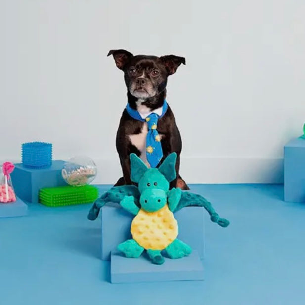 Bark Dingbert the Dragon Plush Dog Toy – durable squeaky stuffed dragon toy for dogs with crinkle and fun textures for interactive play.