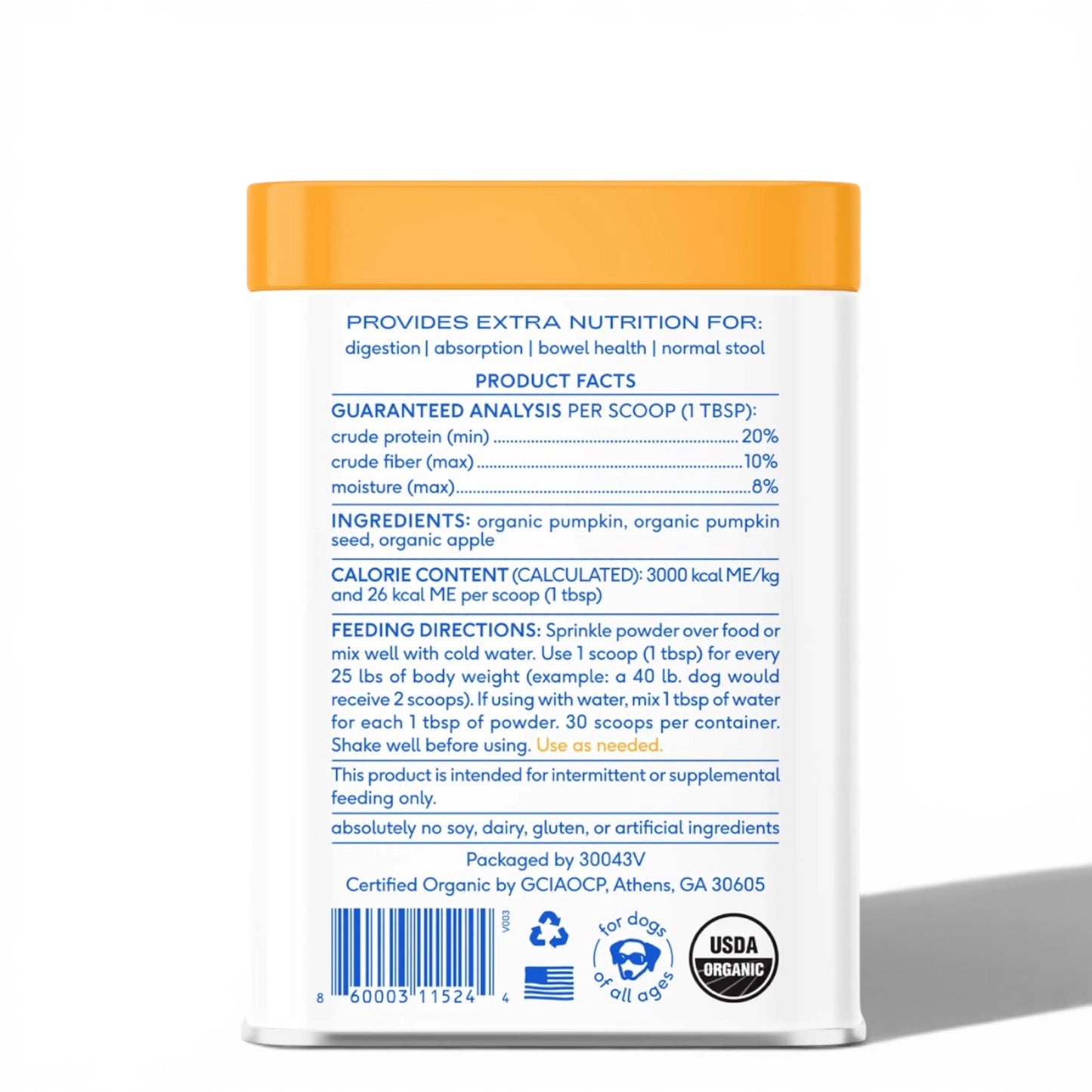Organic Pumpkin Fiber Powder Digestive Supplement for Dogs 8oz