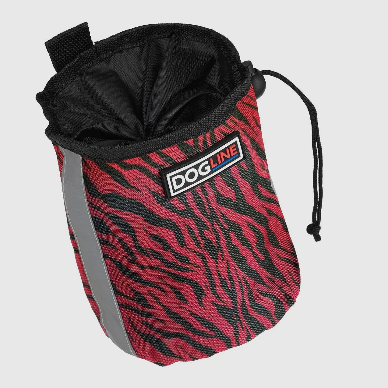 Red Zebra Print Dogline dog treat pouch 4x6 size with drawstring closure, storage pocket, belt loop, belt clip, and built-in waste bag pocket – hands-free treat bag for dog training