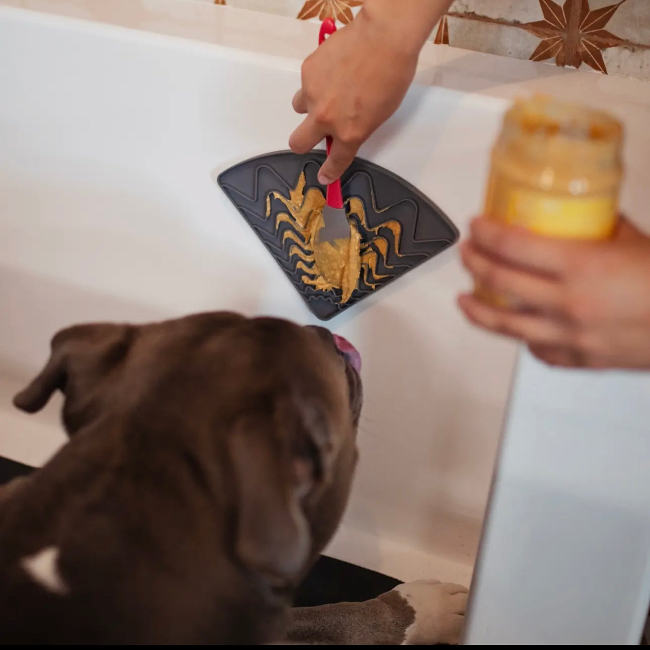 Messy Mutts Silicone Triangle Dog Licking Mat with Suction – interactive enrichment feeder for calming, anxiety relief, and slow feeding.