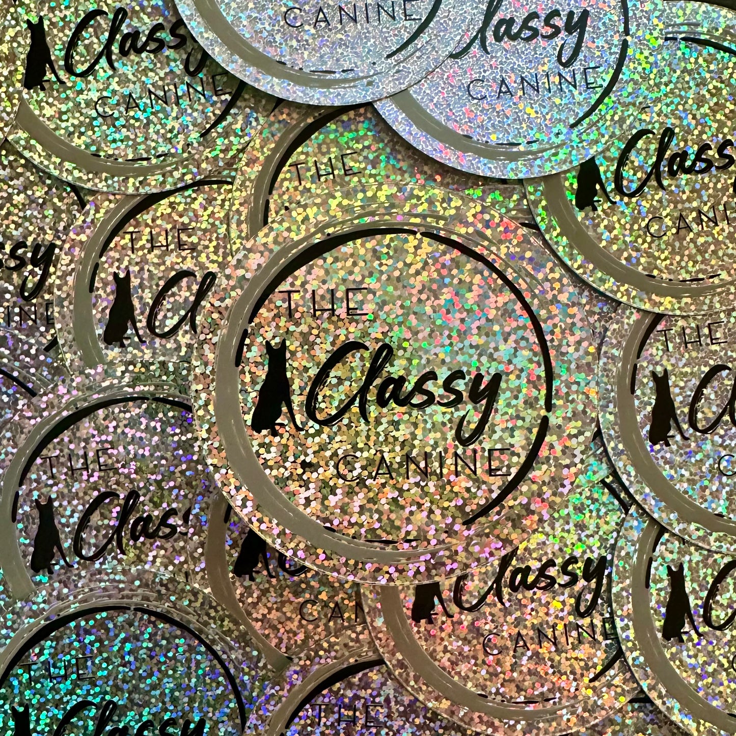 The Classy Canine Holographic Sticker 3x3 – durable weatherproof vinyl dog-themed decal with rainbow holographic finish.