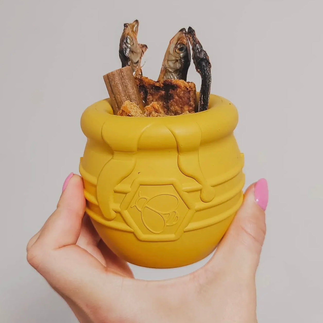YELLOW SodaPup Large Pup-X Honey Pot Treat Dispenser – durable rubber dog toy for enrichment, chewing, and dispensing treats or peanut butter.