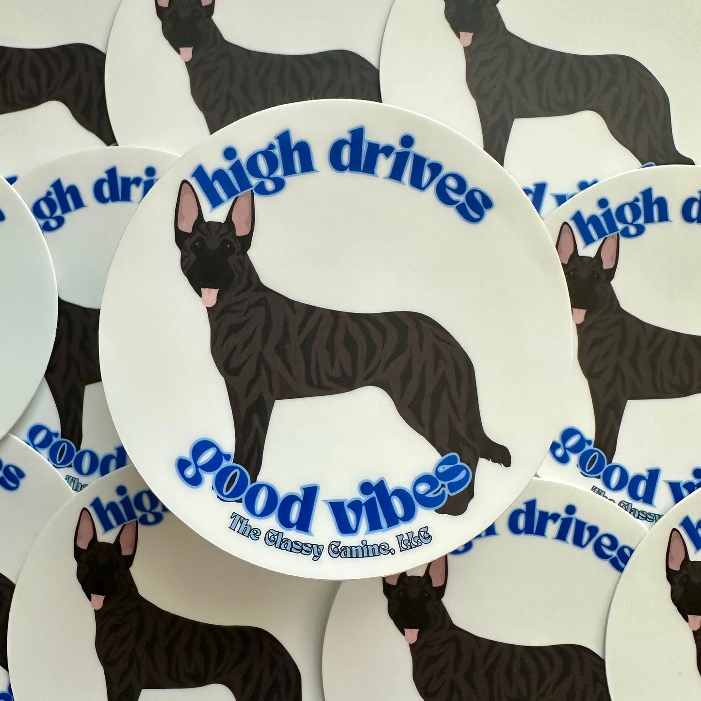3x3 High Drives Good Vibes Dutch Shepherd Sticker – durable vinyl dog decal for cars, laptops, and water bottles.