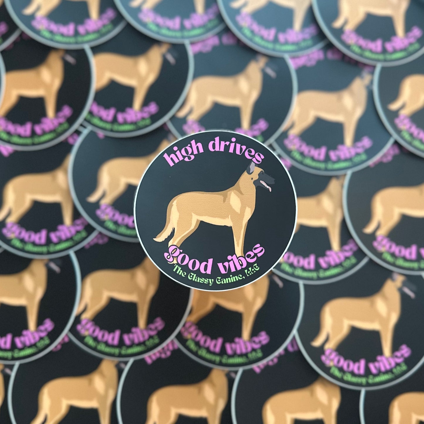 High Drives Good Vibes Sticker 3x3 – durable vinyl dog-themed decal for cars, laptops, water bottles, and gear
