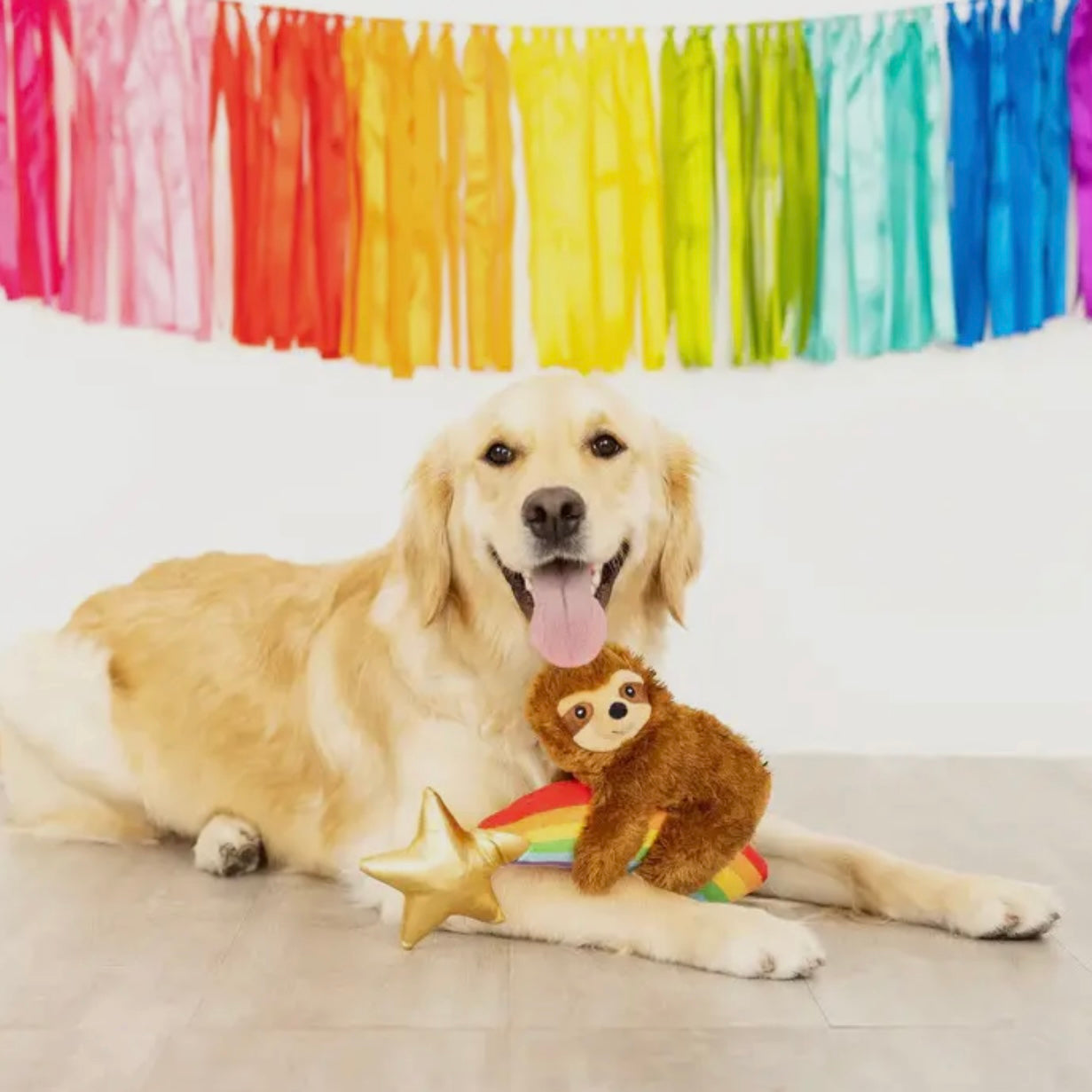 Petshop by Fringe Studio Sloth Rainbows Plush Dog Toy – soft, cuddly squeaky stuffed toy for dogs, perfect for cuddling and interactive play.