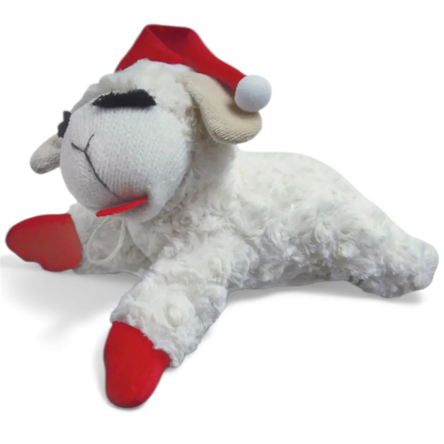 Huge Holiday Lamb Chop plush dog toy with Santa hat and squeaker.