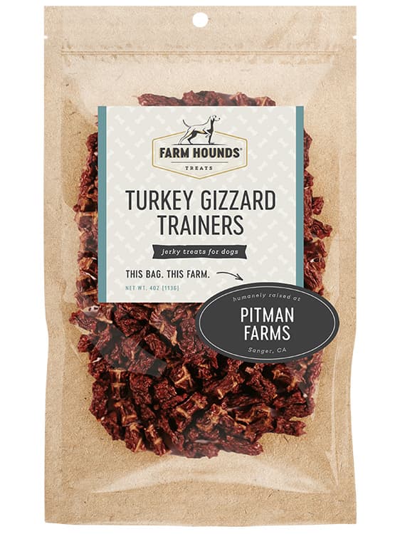 4 oz bag of all-natural, bite-sized turkey gizzard trainer treats for dogs, made from 100% pasture-raised turkey, perfect for training and high in protein.