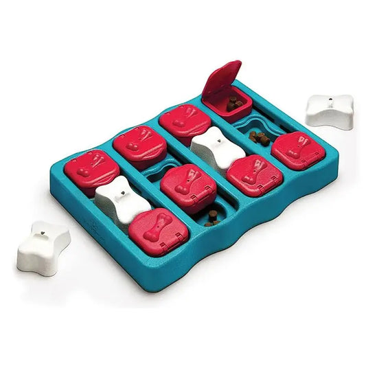 Dog Brick interactive dog puzzle toy with sliding discs and treat compartments for mental stimulation and enrichment play for dogs.