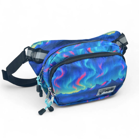 Aurora print dog walking bag with mountain design