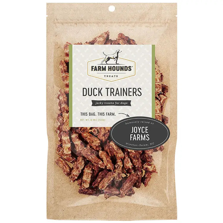 4.5 oz bag of all-natural duck trainer treats for dogs, bite-sized and nutrient-dense, made from 100% pasture-raised duck with muscle, organ, fat, bone, and blood.