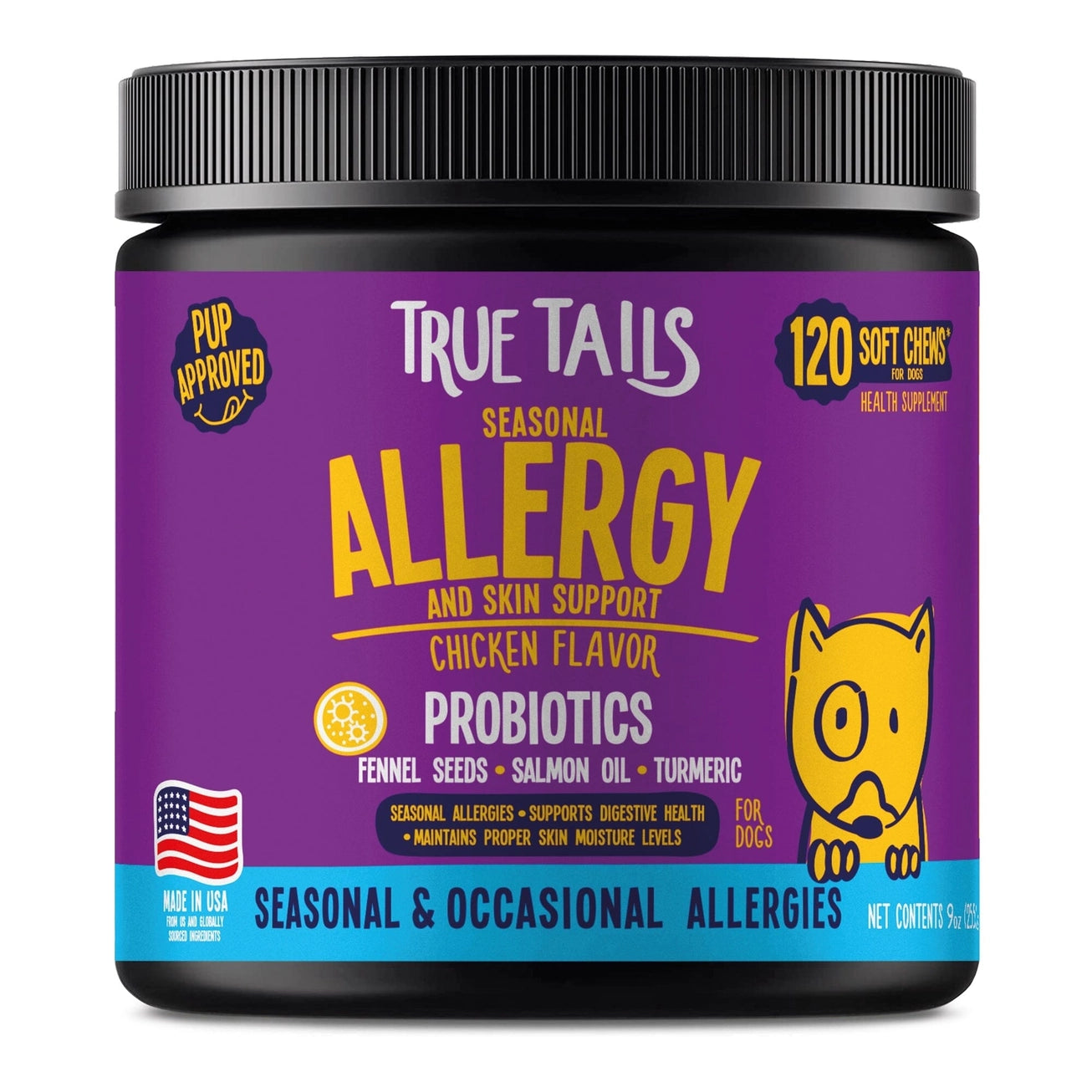 Chicken-flavored allergy and skin support soft chews for dogs in a 9oz jar with salmon oil, probiotics, fennel seed, zinc, and turmeric for skin and coat health.