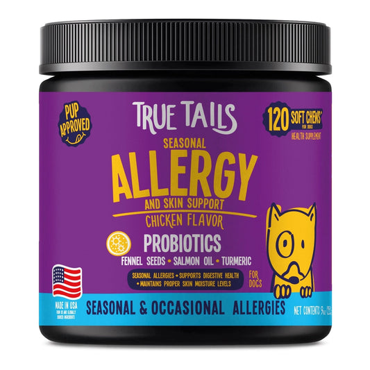 Chicken-flavored allergy and skin support soft chews for dogs in a 9oz jar with salmon oil, probiotics, fennel seed, zinc, and turmeric for skin and coat health.
