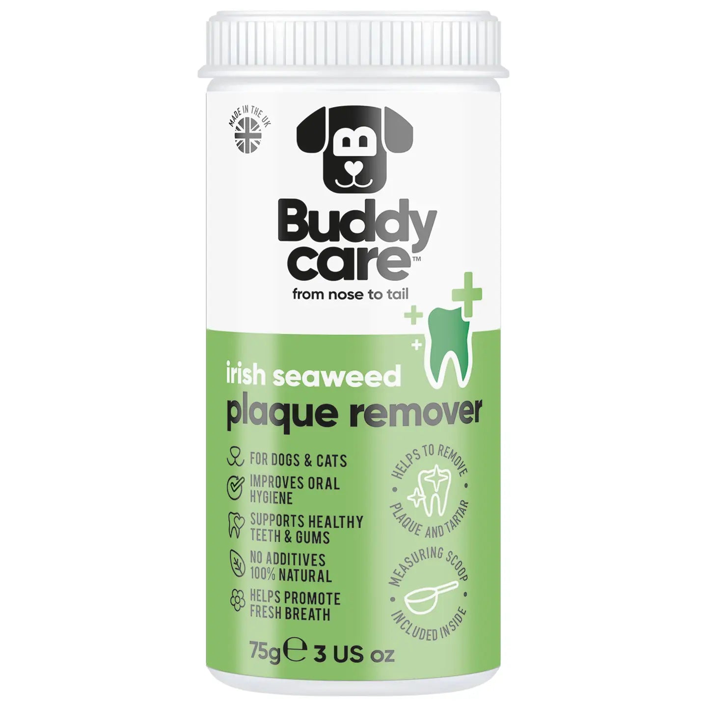Buddycare Irish Seaweed Plaque Remover dog dental supplement sprinkled on food to support plaque control and fresh breath