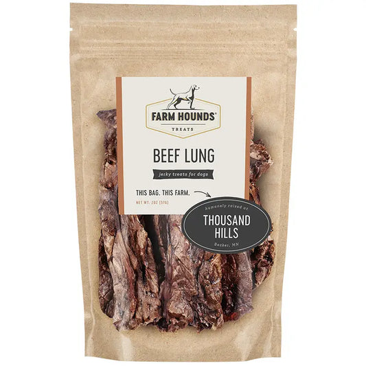 2 oz bag of all-natural beef lung treats for dogs, light and crunchy, single-ingredient, made from 100% pasture-raised beef, perfect for training