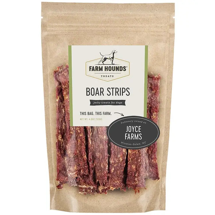 4.5 oz bag of all-natural boar jerky strips for dogs, single-ingredient, high-protein, made from 100% pasture-raised boar, grain-free and additive-free.