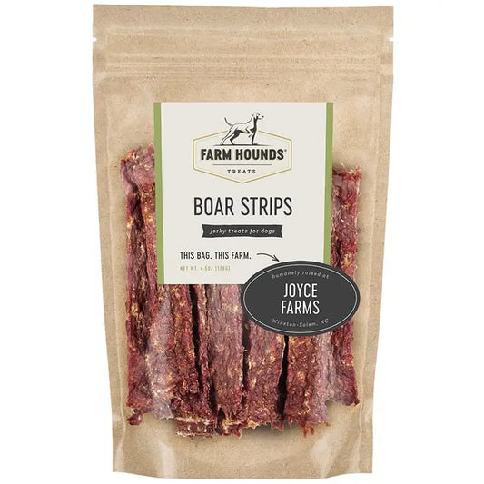 4.5 oz bag of all-natural boar jerky strips for dogs, single-ingredient, high-protein, made from 100% pasture-raised boar, grain-free and additive-free.