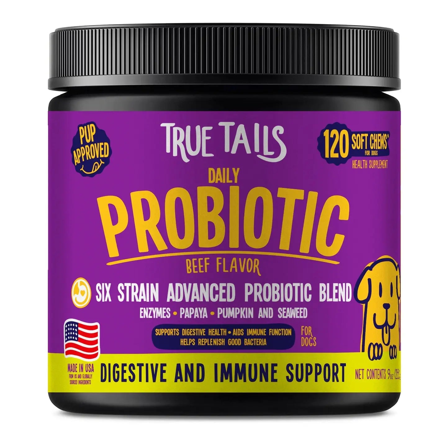 Probiotic dog soft chews in a 9oz jar with pumpkin, papaya, seaweed, and a six-strain probiotic blend, featuring natural beef or bacon flavor.