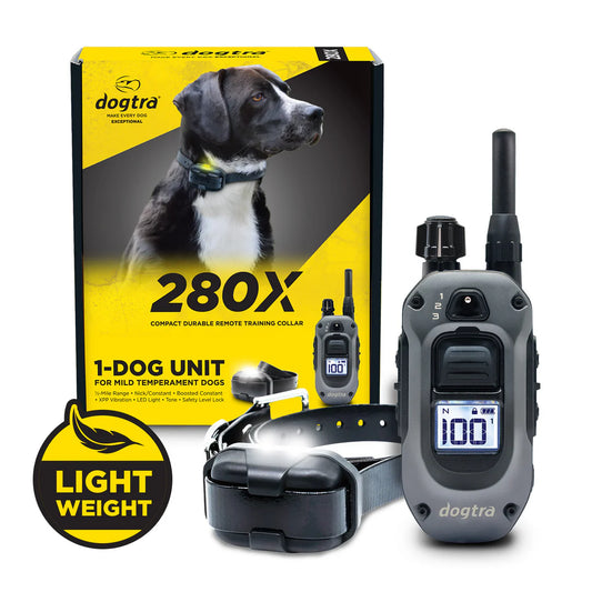 Dogtra 280X remote training collar showing one-handed control and LED