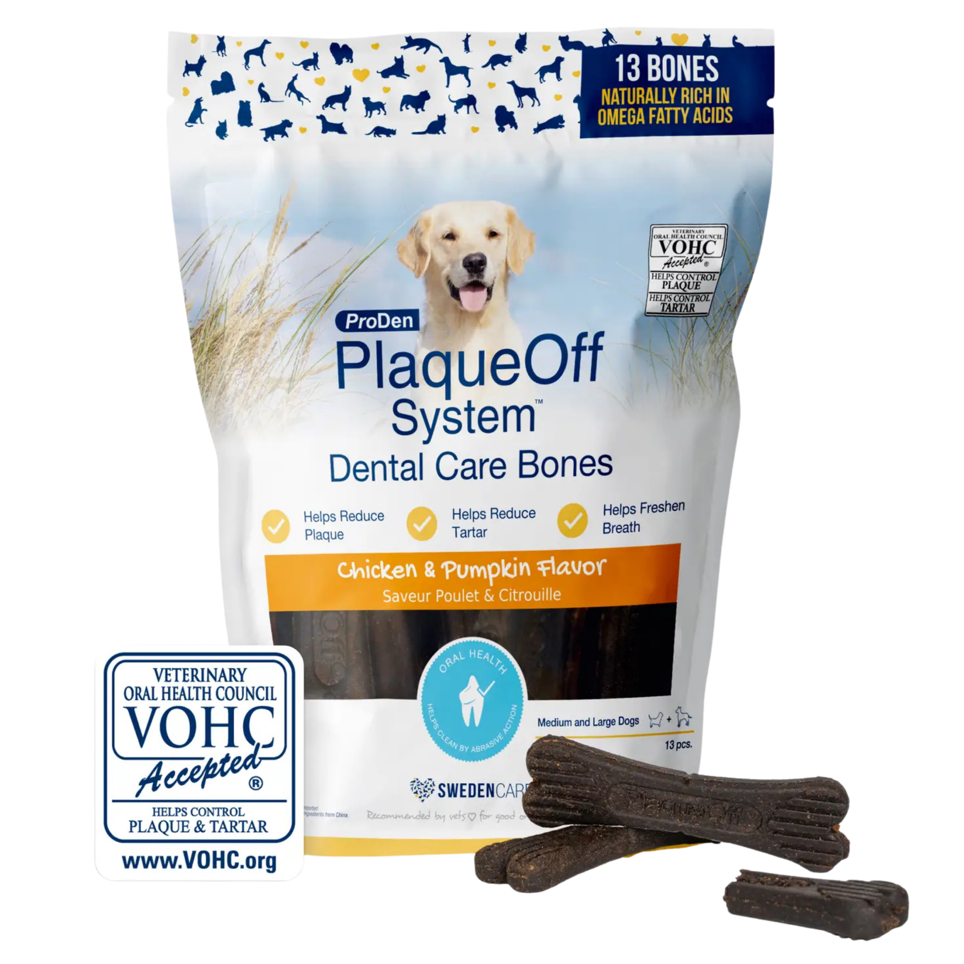 Dental Care Bones with A.N ProDen® kelp fight plaque & tartar, freshen breath, and support immune health with omega 3 & 6.