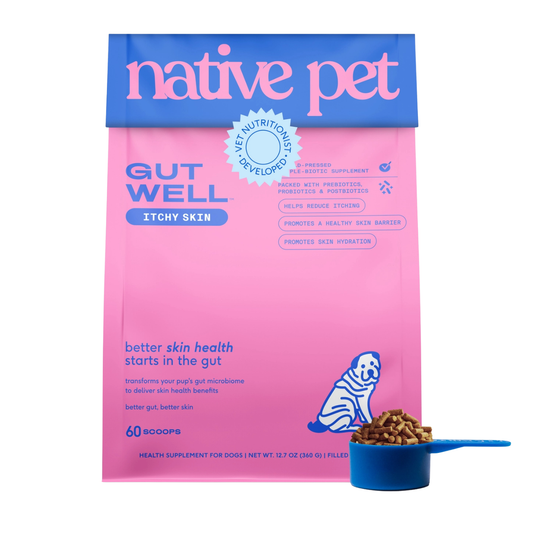 Native Pet GutWell: Itchy Skin supplements support skin hydration, immune balance, and healthy coat from the gut.