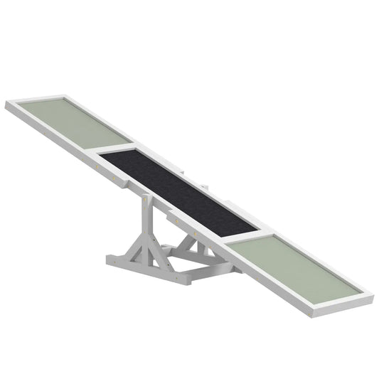 White wooden dog seesaw for agility training, 71 inches long, weather-resistant fir wood with non-slip surface, suitable for small to medium dogs.