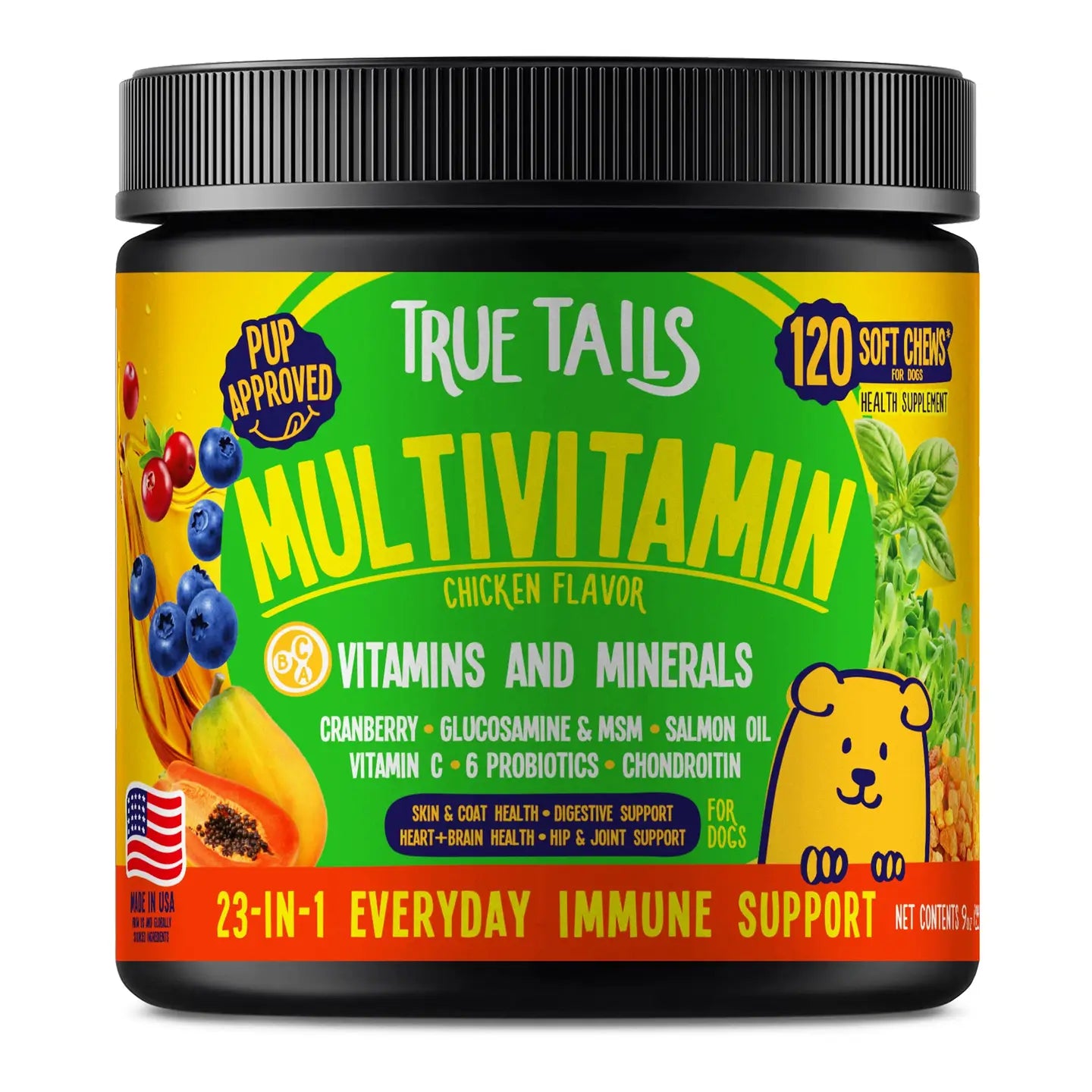 Chicken-flavored multivitamin dog soft chews in a 9oz jar with probiotics, salmon oil, vitamin C, cranberry powder, and essential nutrients.