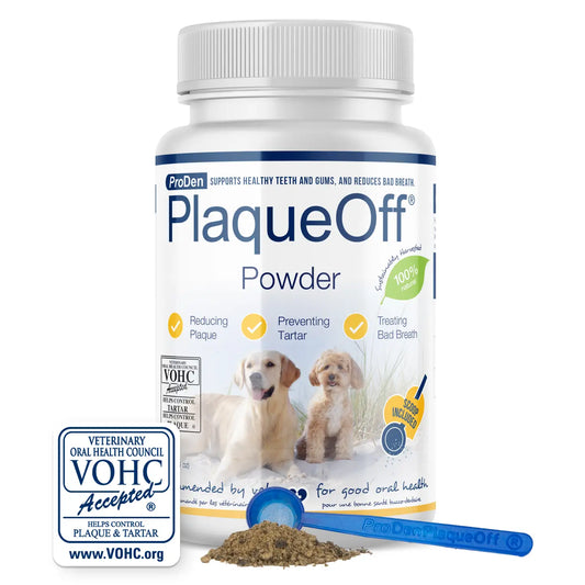 Dog dental care powder supplement PlaqueOff bottle