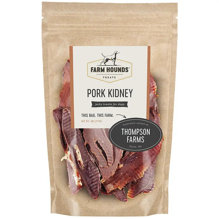 4 oz bag of all-natural pork kidney treats for dogs, single-ingredient, nutrient-dense, chewy, and made from 100% pasture-raised pork.