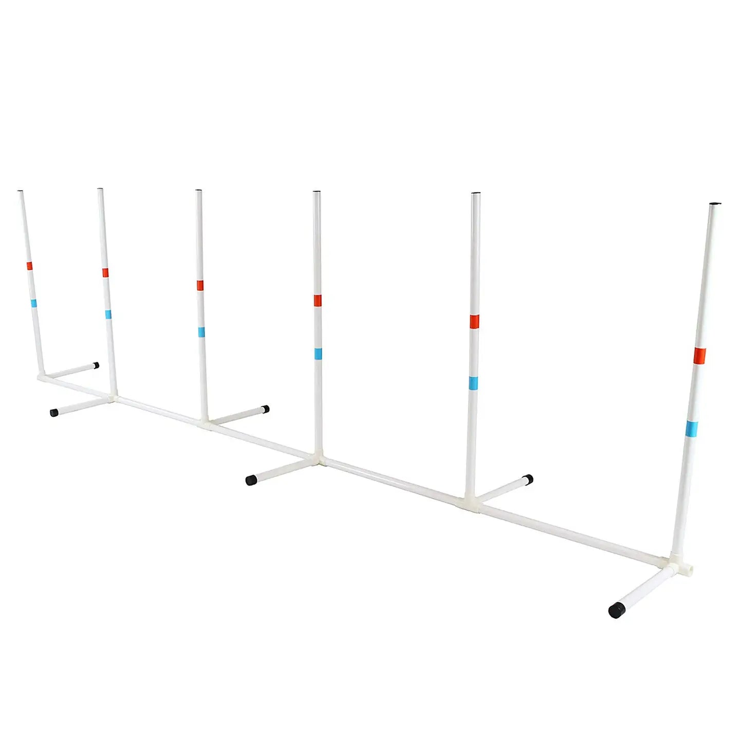 Framed dog weave pole set for outdoor training, made of durable plastic, portable with carry bag, suitable for all breeds and surfaces.