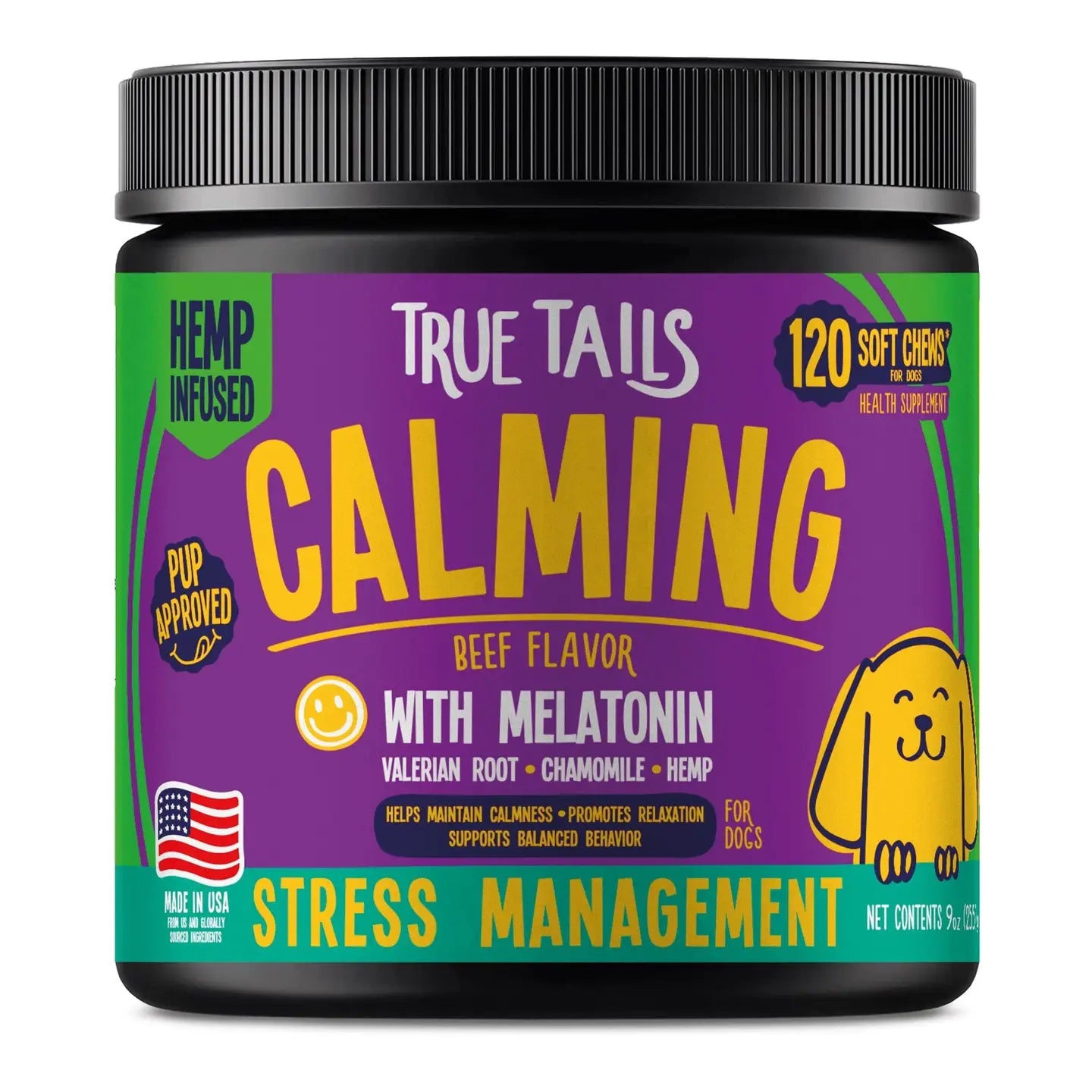 Beef or bacon-flavored calming soft chews for dogs in a 9oz jar with melatonin, valerian root, chamomile, magnesium, and hemp seed oil for stress relief.