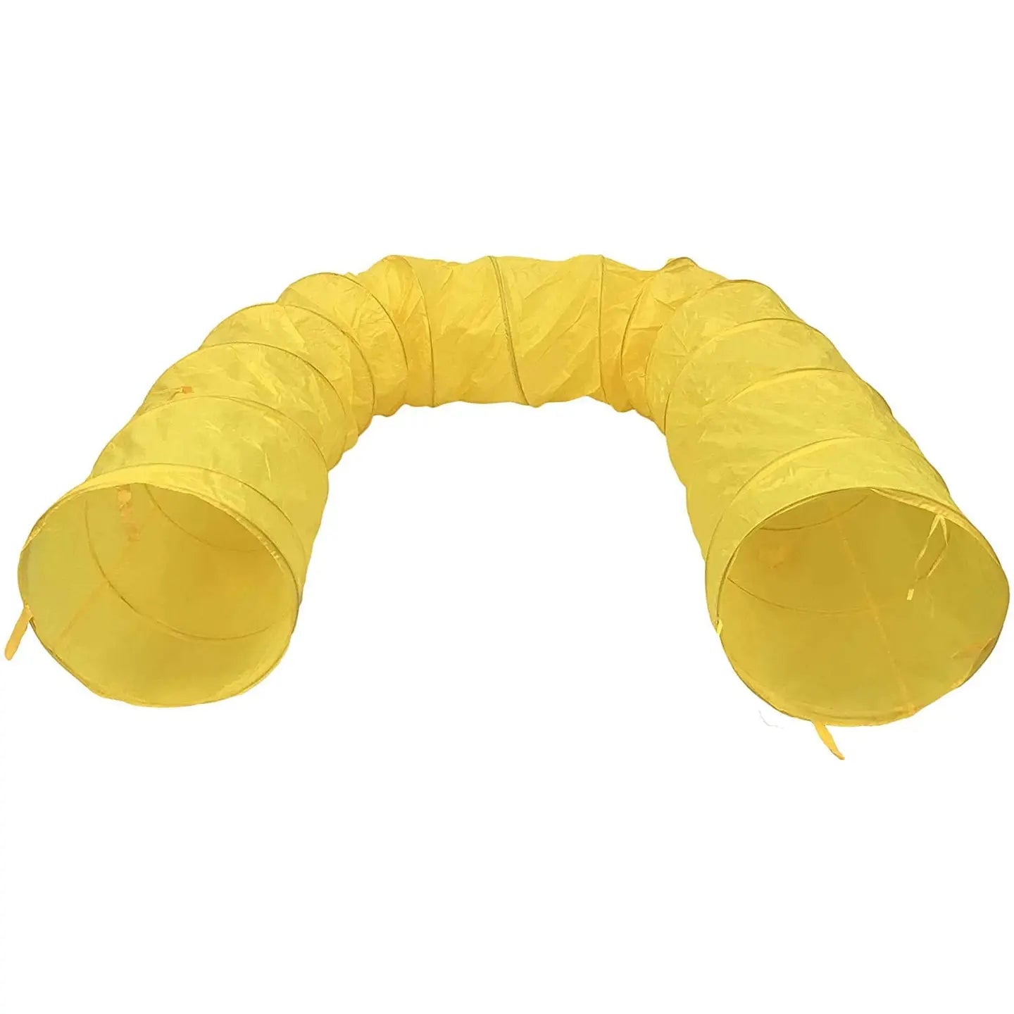 Foldable dog agility tunnel, 17 feet long, 24-inch diameter, portable with carrying case and ground stakes, suitable for backyard or park training.