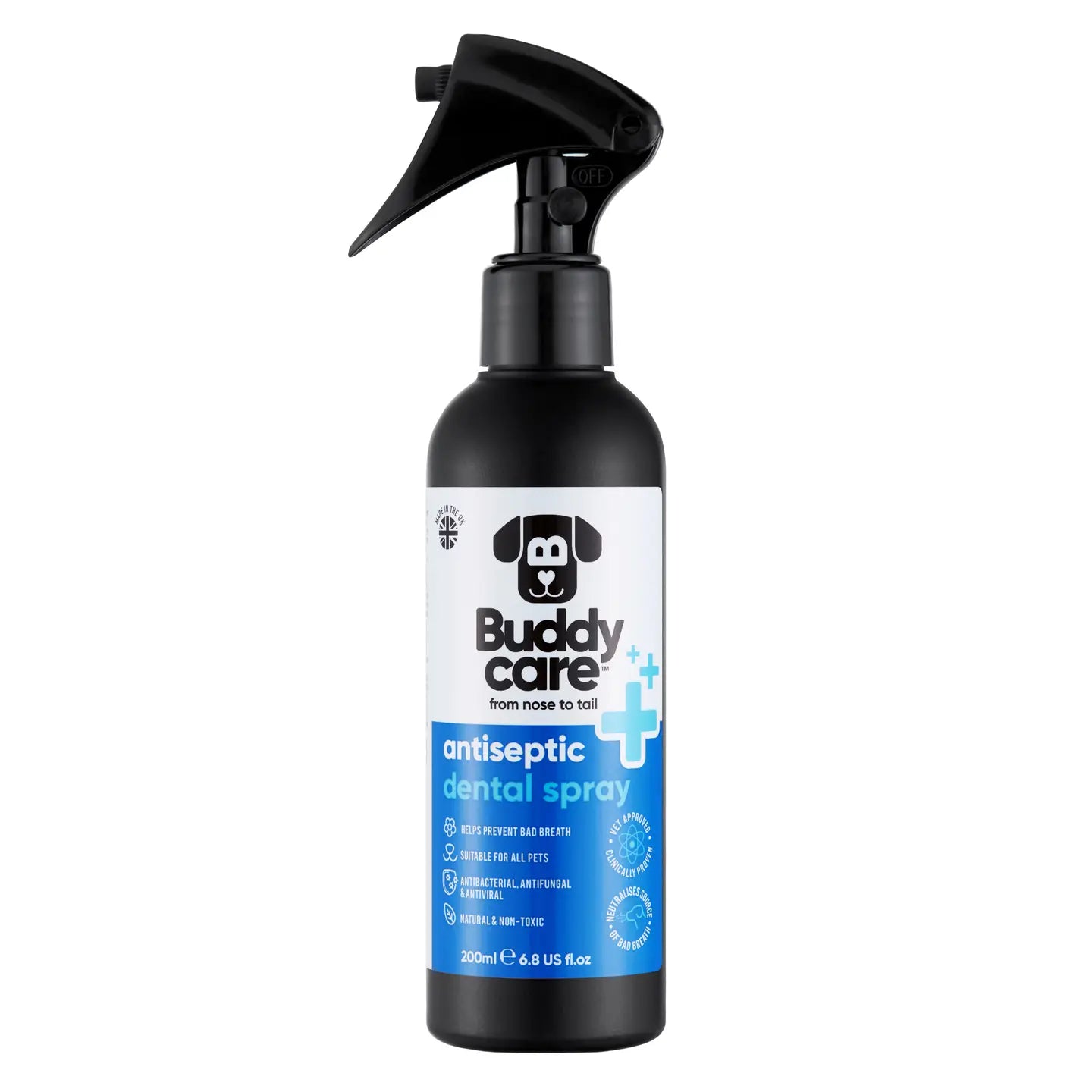 Buddycare Antiseptic Dental Spray for dogs used to help reduce plaque, freshen breath, and support healthy teeth and gums