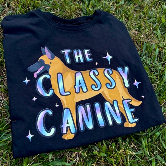 Black short sleeve t-shirt with The Classy Canine logo on the front